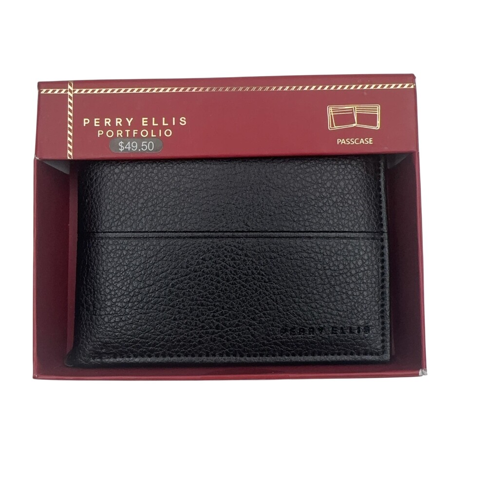 Perry Ellis Portfolio Wallet Mens Black Leather Bifold Holiday Passcase